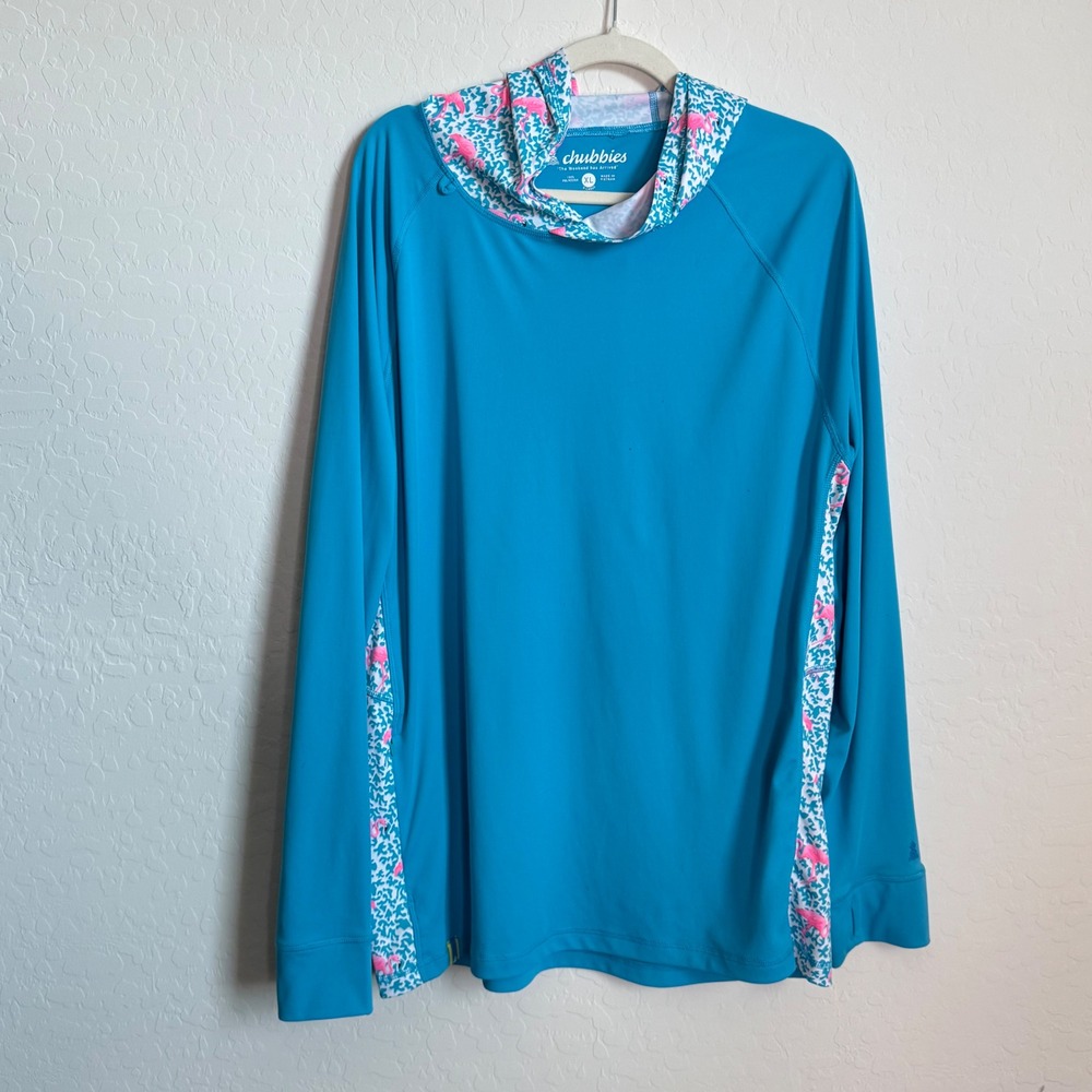 Chubbies Mens XL Performance Sun Hoodie Blue Flamingo Print XL Rashguard